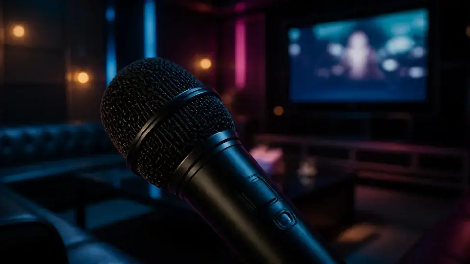 深色台中 KTV 包廂中的近拍麥克風
