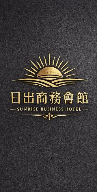 日出商務會館業主標誌，黑底搭配金色太陽線條、中文店名及 SUNRISE BUSINESS HOTEL 字樣