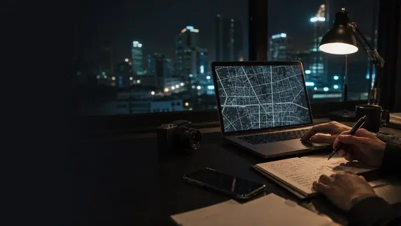 台中夜景前以地圖與筆記整理聚會地點資料