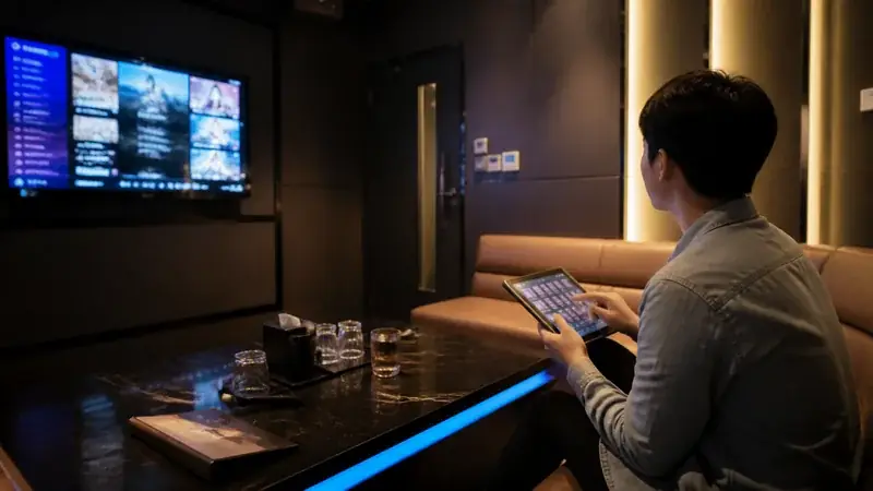 一位成年人在台中 KTV 包廂操作點歌設備